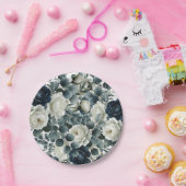 Donkerblauw & wit Modern Bloemengroen Huwelijk Papieren Bordje (Feest)