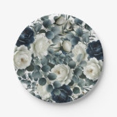 Donkerblauw & wit Modern Bloemengroen Huwelijk Papieren Bordje (Voorkant)