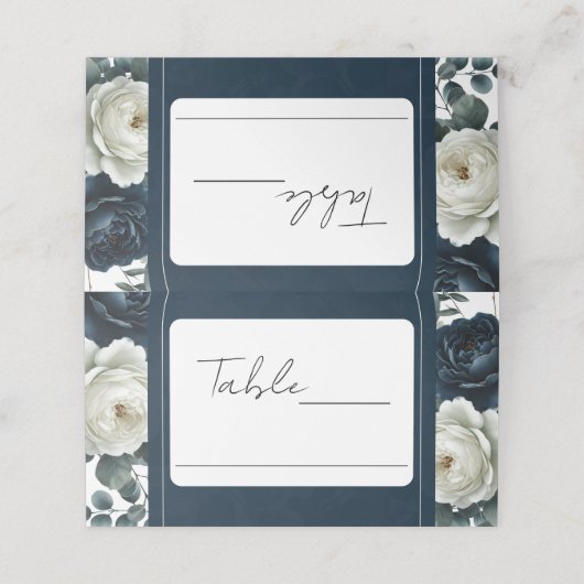 Donkerblauw & wit Modern Bloemengroen Huwelijk Plaatskaartje (Buitenkant ongevouwen)