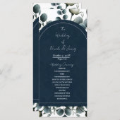 Donkerblauw & wit Modern Bloemengroen Huwelijk Programmakaart (Voorkant / Achterkant)