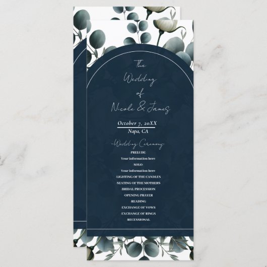 Donkerblauw & wit Modern Bloemengroen Huwelijk Programmakaart (Voorkant / Achterkant)