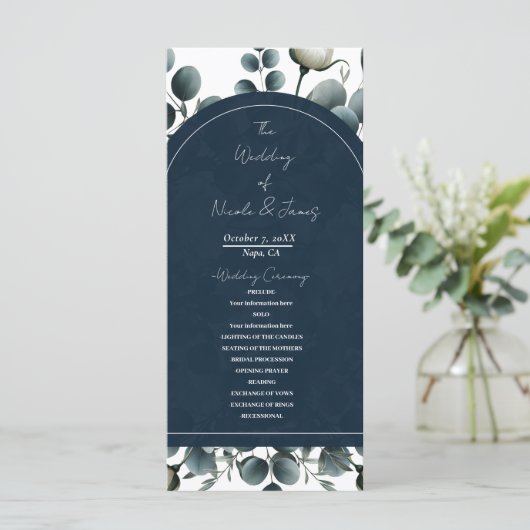 Donkerblauw & wit Modern Bloemengroen Huwelijk Programmakaart (Staand voorkant)