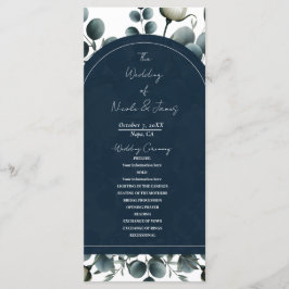 Donkerblauw & wit Modern Bloemengroen Huwelijk Programmakaart