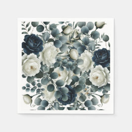 Donkerblauw & wit Modern Bloemengroen Huwelijk Servet