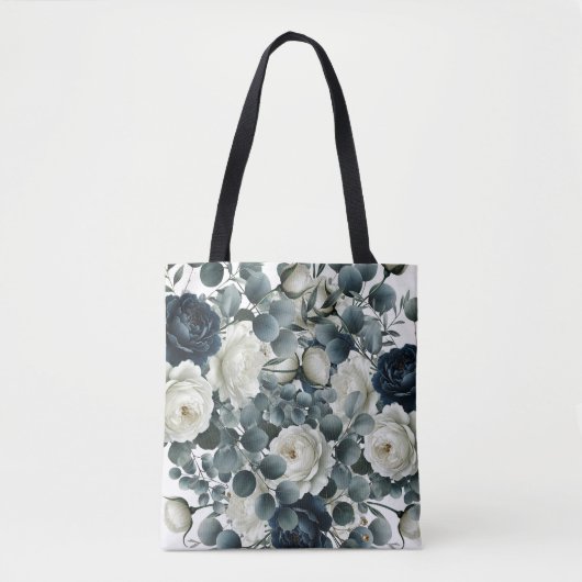Donkerblauw & wit Modern Bloemengroen Huwelijk Tote Bag (Voorkant)