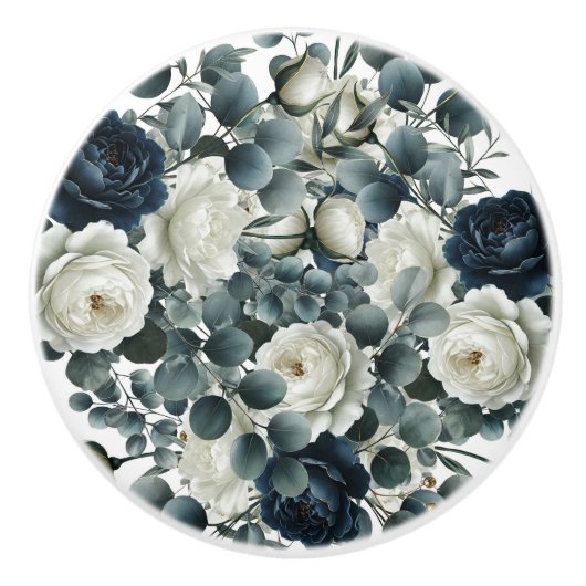 Donkerblauw & wit Modern Bloemengroen Keramische Knop (Voorkant)