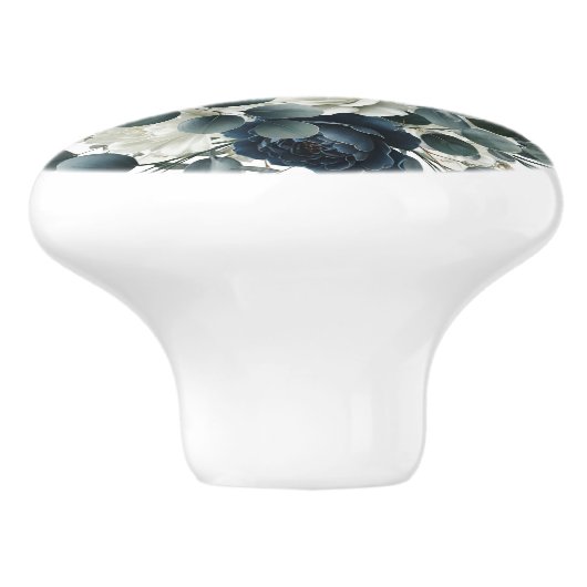 Donkerblauw & wit Modern Bloemengroen Keramische Knop (Zijkant)