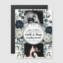 Donkerblauw & wit Modern Bloemengroen Save Date