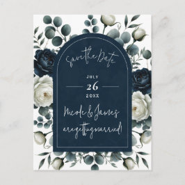 Donkerblauw & wit Modern Bloemengroen Save Date Aankondigingskaart