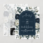 Donkerblauw & wit Modern Bloemengroen Save Date Aankondigingskaart (Voorkant / Achterkant)