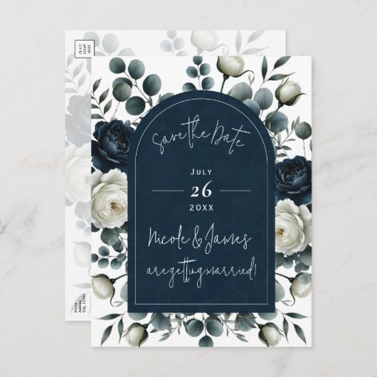 Donkerblauw & wit Modern Bloemengroen Save Date Aankondigingskaart (Voorkant / Achterkant)