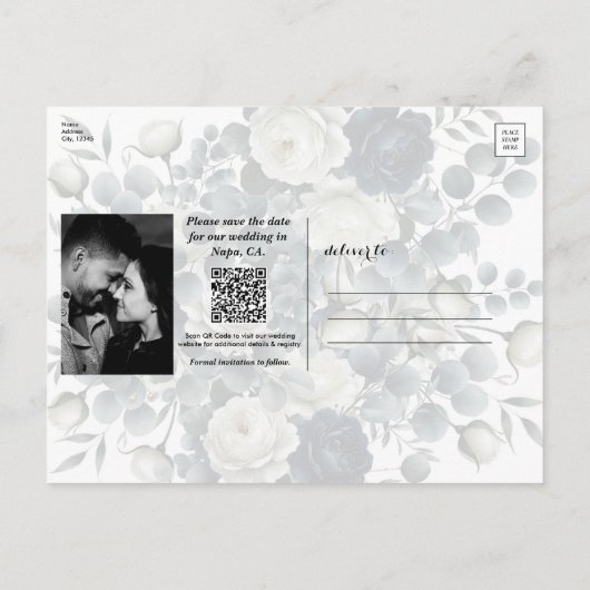 Donkerblauw & wit Modern Bloemengroen Save Date Aankondigingskaart (Achterkant)