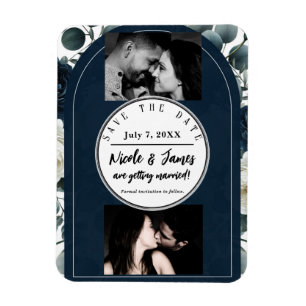 Donkerblauw & wit Modern Bloemengroen Save Date Magneet