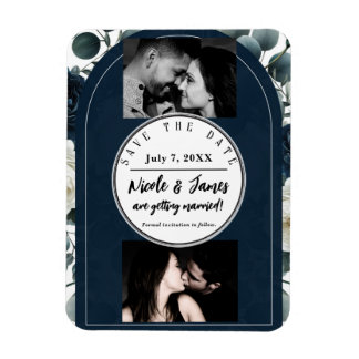 Donkerblauw & wit Modern Bloemengroen Save Date Magneet