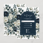 Donkerblauw & Wit Modern Bloemgroen RSVP Kaartje (Voorkant / Achterkant)