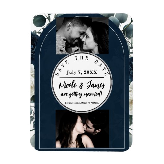 Donkerblauw & Wit Modern Bloemig Groen Save Date Magneet (Verticaal)