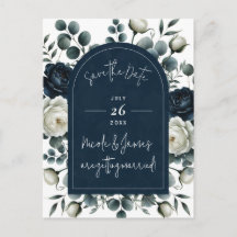Donkerblauw & Wit Modern Bloemig Groene Save Date