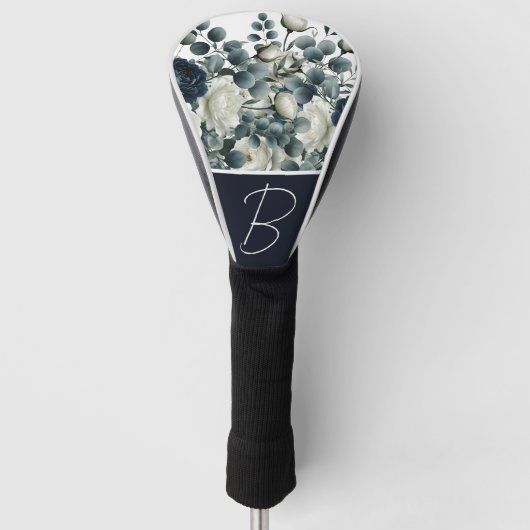 Donkerblauw & Wit Modern Bloemmotief Groen Golfheadcover (Voorkant)