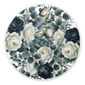 Donkerblauw & Wit Modern Bloemmotief Groen Keramische Knop (Voorkant)