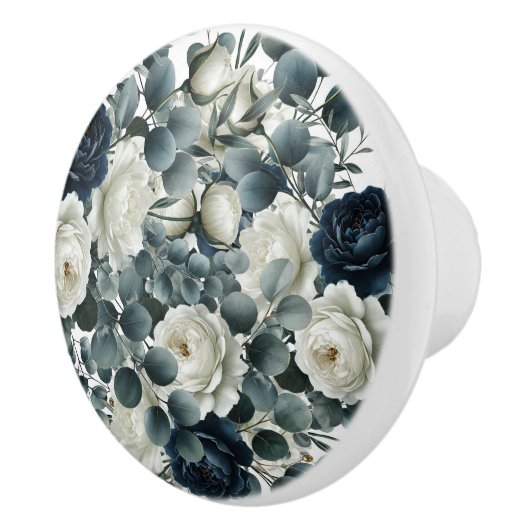 Donkerblauw & Wit Modern Bloemmotief Groen Keramische Knop (Rechts)
