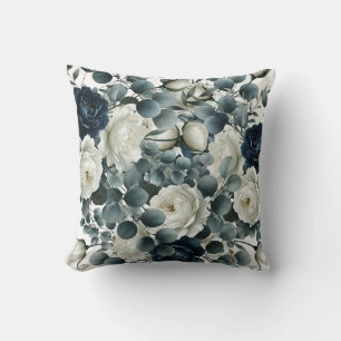Donkerblauw & Wit Modern Bloemmotief Groen Kussen