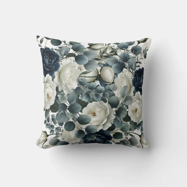 Donkerblauw & Wit Modern Bloemmotief Groen  Kussen (Voorkant)