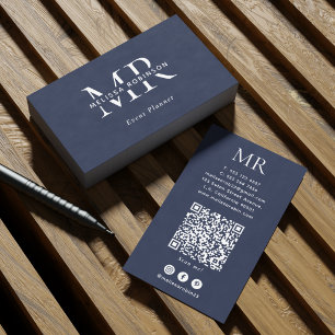 Donkerblauw & Wit Monogram Sociaal Media QR-code Visitekaartje