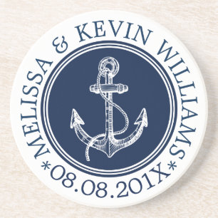 Donkerblauw & Wit Nautische Boot Anker Zandsteen Onderzetter