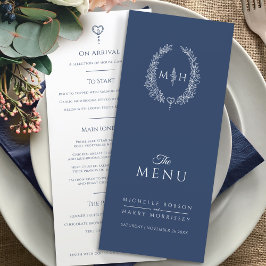 Donkerblauw wit ovaal monogram bruiloft menu