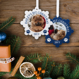 Donkerblauw Wit Pauw Prints Puppy's 1e Kerstmis Ornament Kaart