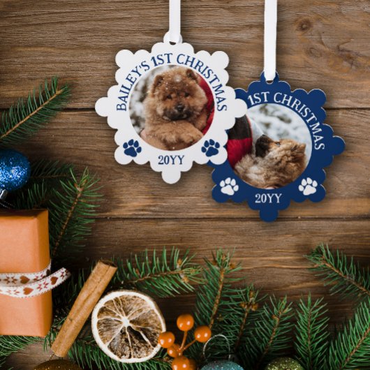 Donkerblauw Wit Pauw Prints Puppy's 1e Kerstmis Ornament Kaart