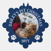 Donkerblauw Wit Pauw Prints Puppy's 1e Kerstmis Ornament Kaart (Achterkant)