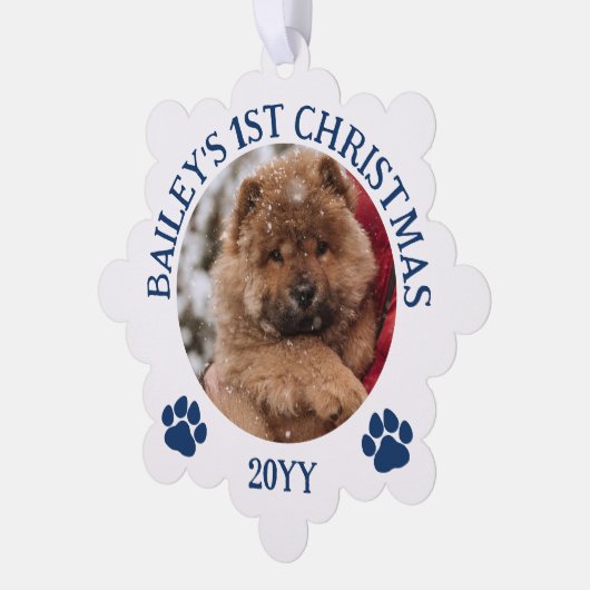 Donkerblauw Wit Pauw Prints Puppy's 1e Kerstmis Ornament Kaart (Links)