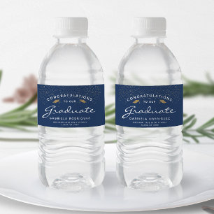 Donkerblauw Wit Schrift Gouden Dop Afstuderen Waterfles Etiket