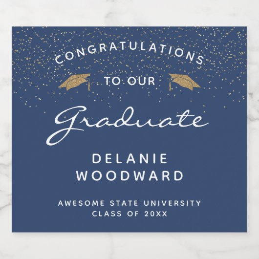 Donkerblauw wit script Gold Pet Afstuderen Sparkling Wijnetiket (Enkel label)