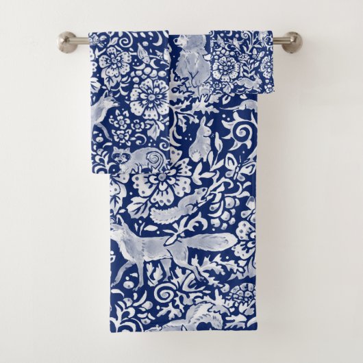 Donkerblauw Wit Woodland Animal Natuur Art Bad Handdoek (Insitu)