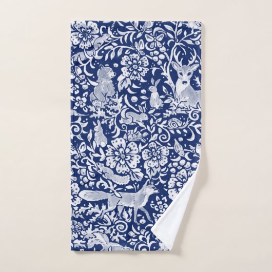 Donkerblauw Wit Woodland Animal Natuur Art Bad Handdoek (Handdoek)