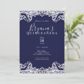 Donkerblauw & Witte Kant Elegante Quinceañera Kaart (Staand voorkant)