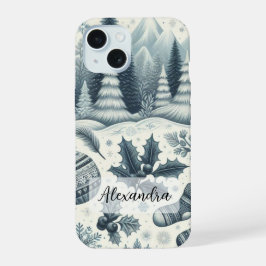 Donkerblauw, witte winterscène Palmbomen Sneeuwvlo iPhone 15 Case
