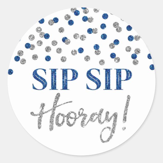 Donkerblauw Zilver Confetti Sip Hooray Ronde Sticker (Voorkant)