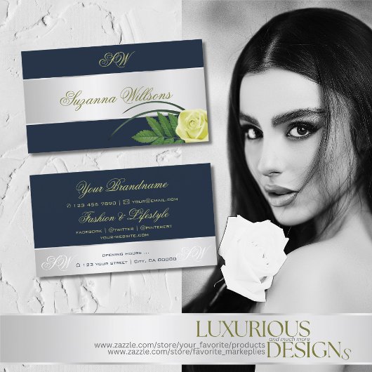 Donkerblauw zilver Roos ventilator met Initialen Visitekaartje