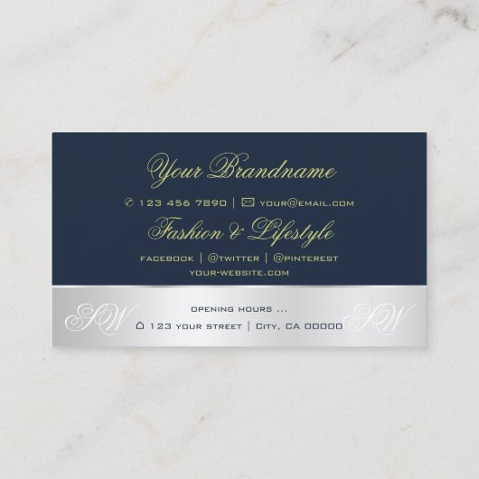 Donkerblauw zilver Roos ventilator met Initialen Visitekaartje (Achterkant)