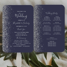 Donkerblauw zilveren glitter rand trouwprogramma handwaaier