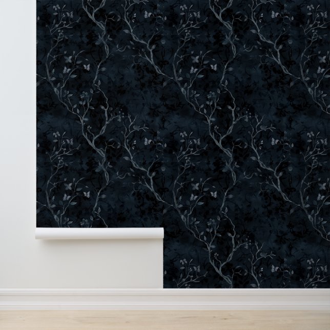 Donkerblauw Zwart Bos Schaduw Goth Behang (Applicatie)