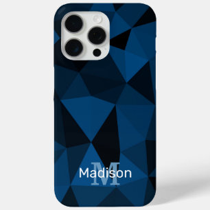 Donkerblauw zwart geometrisch maaspatroon Monogram iPhone 15 Pro Max Hoesje