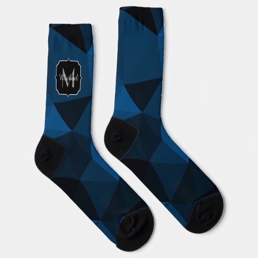 Donkerblauw zwart geometrisch meshpatroon Monogram Sokken (Rechts)