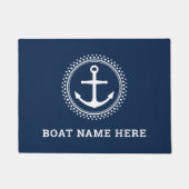 Donkerblauwe aangepaste bootnaam nautisch anker deurmat (Voorkant)