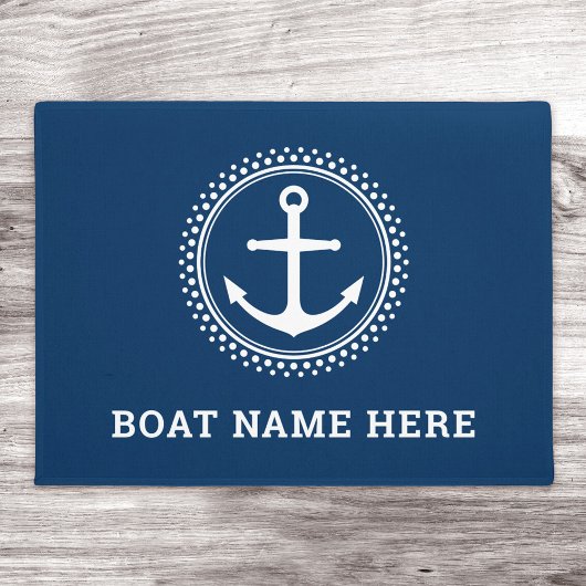 Donkerblauwe aangepaste bootnaam nautisch anker deurmat
