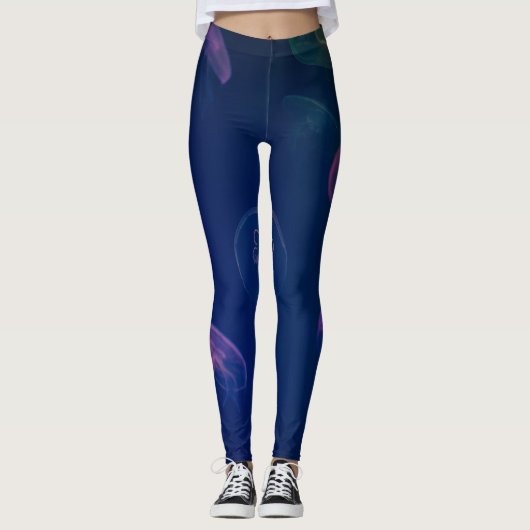 Donkerblauwe abstracte legging met roze paarse acc (Voorkant)