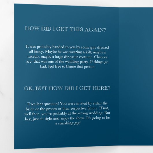 Donkerblauwe Alice in Wonderland Funny Wedding Drieluik Programma (Binnenzijde eerst)